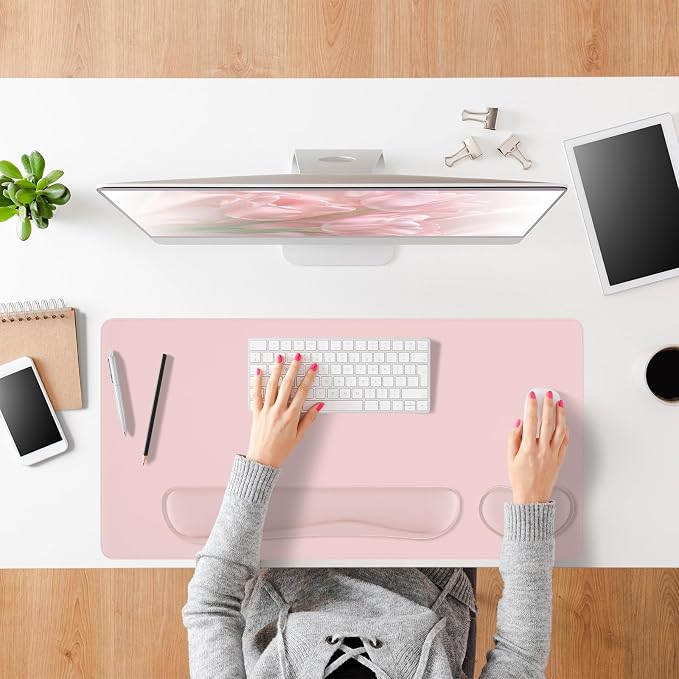Pink Leather Desk Pad and Keyboard Wrist Rest, 31.5"x15.7" | 3in1 Mouse pad + Keyboard Wrist Rest + Mouse Wrist Rest, Non-Slip Waterproof Desk Writing Pad for Office and Home