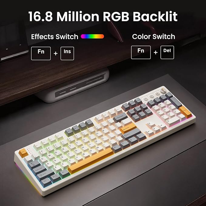 Kisnt KN104 Wireless Mechanical Keyboard for Office& Gaming | 100% Full Size with numpad, Bluetooth/2.4GHz/USB-C, Custom RGB, Hot-Swappable, Knob Control, Creamy Sound with Linear Switch