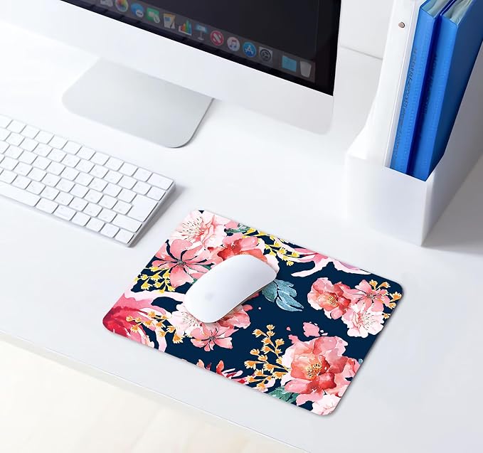 Square Mouse Pad Pink Flower, Personalized Premium-Textured Small Mousepad, Washable Mouse Mat Design Decor Gifts, Non-Slip Rubber Base Computer Mouse Pads Cloth, Watercolor Rose on Blue