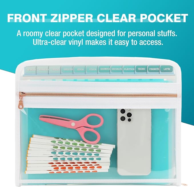 H4D Accordion File Organizer, 13 Pocket Expanding File Folder, Teal | Zippered, Front Clear Pouch, Letter Size Paper, A4 Paper, Fit for Documents