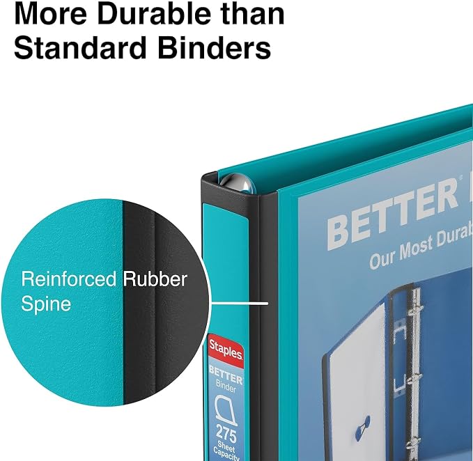 Staples Better Binder, 1-Inch 3-Ring View, Teal, 3-Pack | Durable binder for everyday organization in office, school, and home.