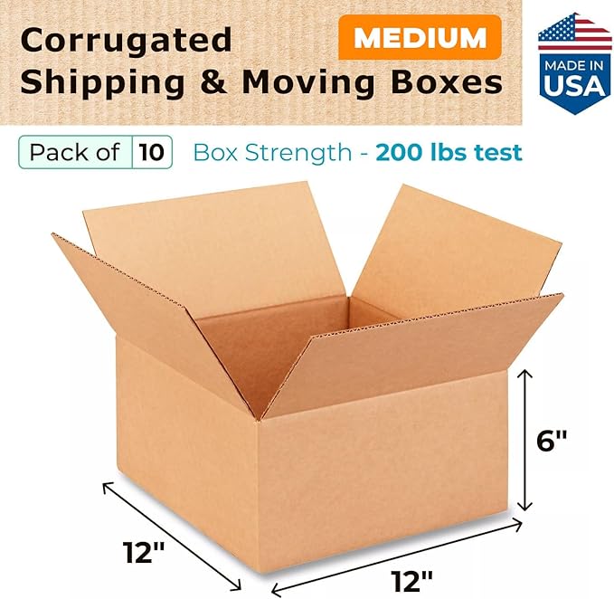 Medium Moving & Shipping Boxes 12x12x6 inches (10-Pack) - Extra Strength 200 lb vs Regular - USA-Made Corrugated Boxes for Packaging - Medium Box for USPS, UPS, FedEx - Carton Box by IDL Packaging