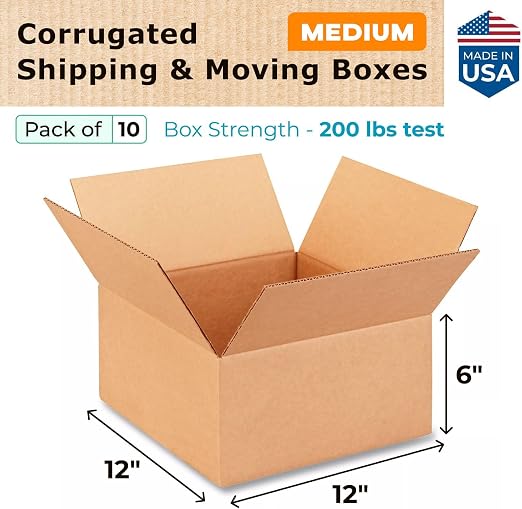 Medium Moving & Shipping Boxes 12x12x6 inches (10-Pack) - Extra Strength 200 lb vs Regular - Corrugated Boxes for Packaging - Medium Box for USPS, UPS, FedEx - Carton Box by IDL Packaging | Extra Strength 200 lb vs Regular - Corrugated Boxes for Packag...
