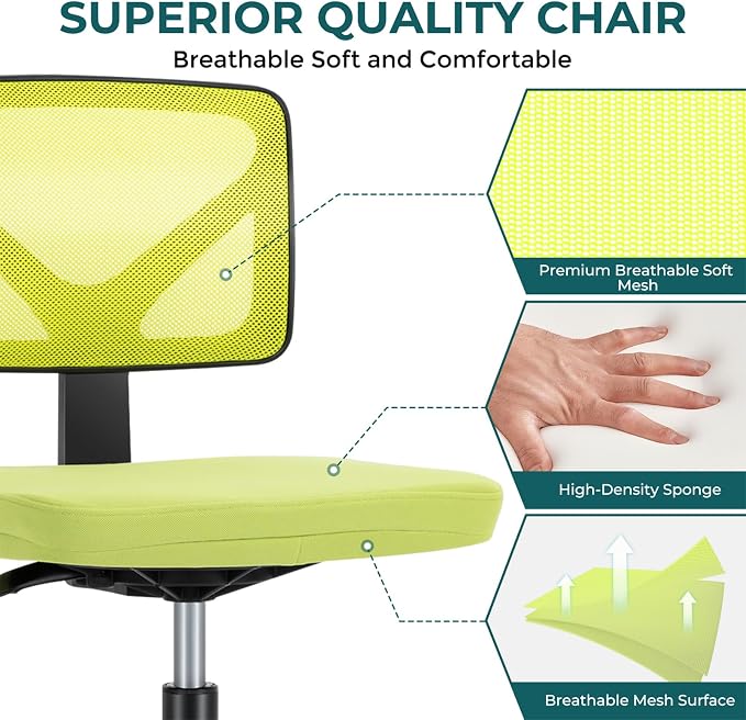 DUMOS Armless Desk Chairs, Small Home Office Mesh Chairs | Ergonomic Adjustable Mid Back, Swivel Rolling Task, Computer Work Vanity Small Spaces, Bright Green