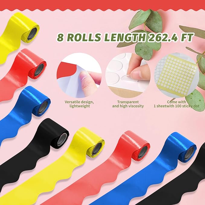 8 Rolls 262.4 Ft Bright Bulletin Board Borders Set - Decorations for Office, School Classroom Decor, Teachers & Home DIY - Posters & Birthday Parties - Board Trim （Classic Color）