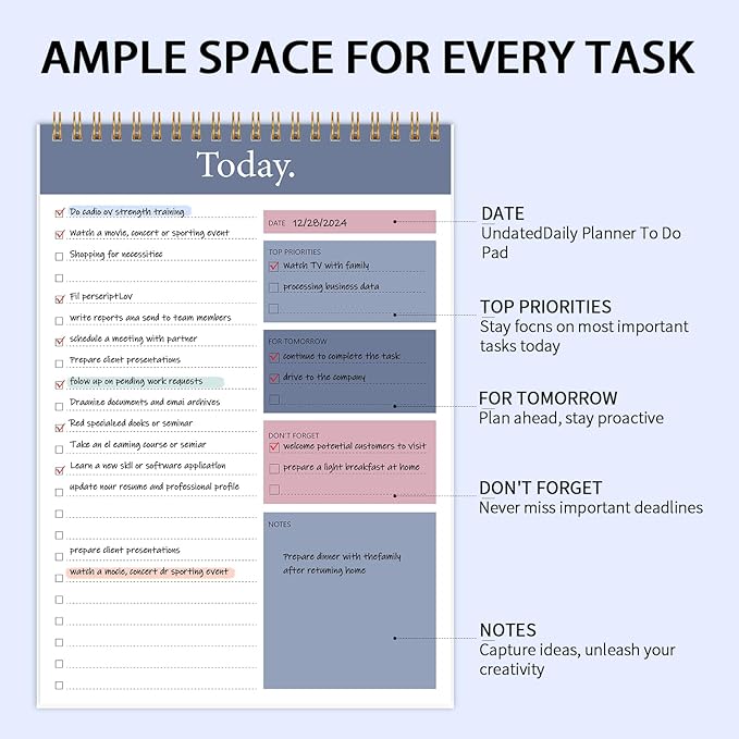 KMQOY To Do List Notepad - Daily Planner Pad Undated 52 Sheets Spiral Today Planner Note Pad Premium Thick Paper 6.5" x 9.8" For Work and Personal Organized