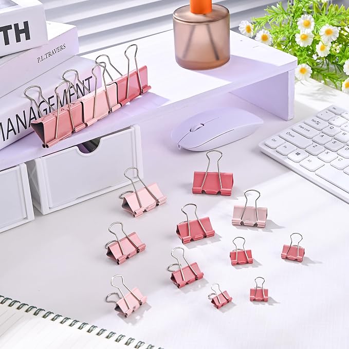 Temiary Binder Clips, Medium Metal Binder Paper Clip Pink 1.26Inch, 24 Pcs | Colored Binding Paperwork Clamp Bulk for Office, Home, School