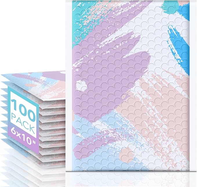 Fuxury Bubble Mailers 6x10" Watercolor Soft Pastel Padded Envelopes 100 Pack Small Bubble Envelopes Usable Size 6x9" Padded Mailers Special Design Shipping Bags for Small Business Jewelry Makeup #0