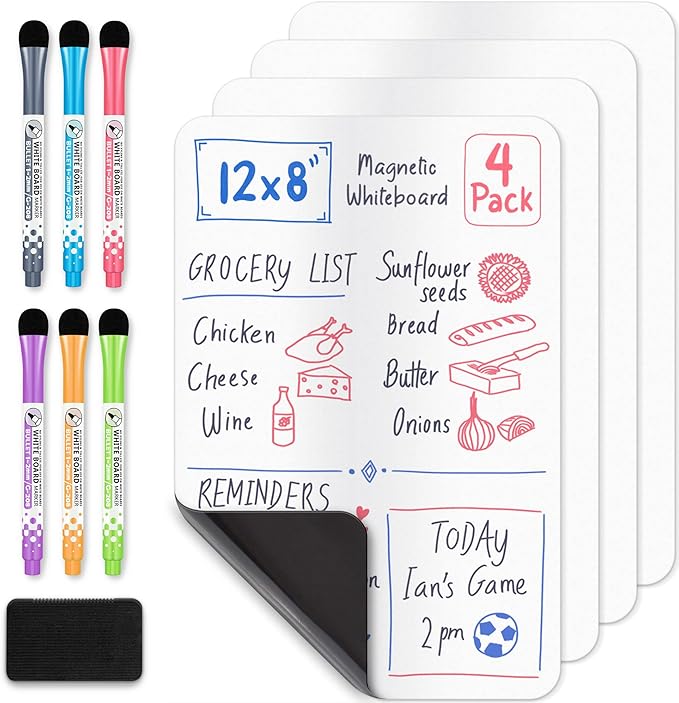 Magnetic Dry Erase White Board Sheet for Fridge (12x8), Stain Resistant Technology w/ 6 Markers & Big Eraser with Magnet, Small Refrigerator Whiteboard Planner & Organizer by Yes4Quality