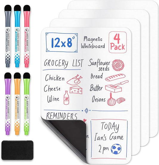 Magnetic Dry Erase White Board Sheet for Fridge (12x8), Stain Resistant Technology w/ 6 Markers & Big Eraser with Magnet, Small Refrigerator Whiteboard Planner & Organizer by Yes4Quality