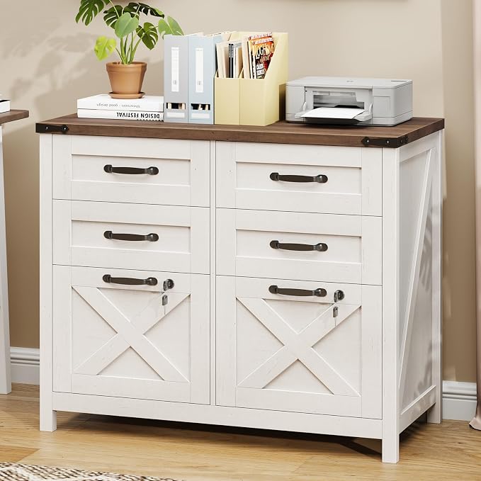 Halitaa Farmhouse Lateral File Cabinet with 6 Drawers, Rustic White | Lateral Filing Cabinet with Lock for Letter/A4 Size Hanging File, Wood File Storage Cabinet Printer Stand for Home Office