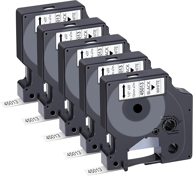 5-Pack Label Maker Tape Compatible with DYMO D1 Label Tape 45013 S0720530 Black on White 1/2 Inch x 23 Feet for Dymo Label Maker Refills LabelManager 160 280 210D 360D 420P PnP 220P 260P 500TS 450DUO