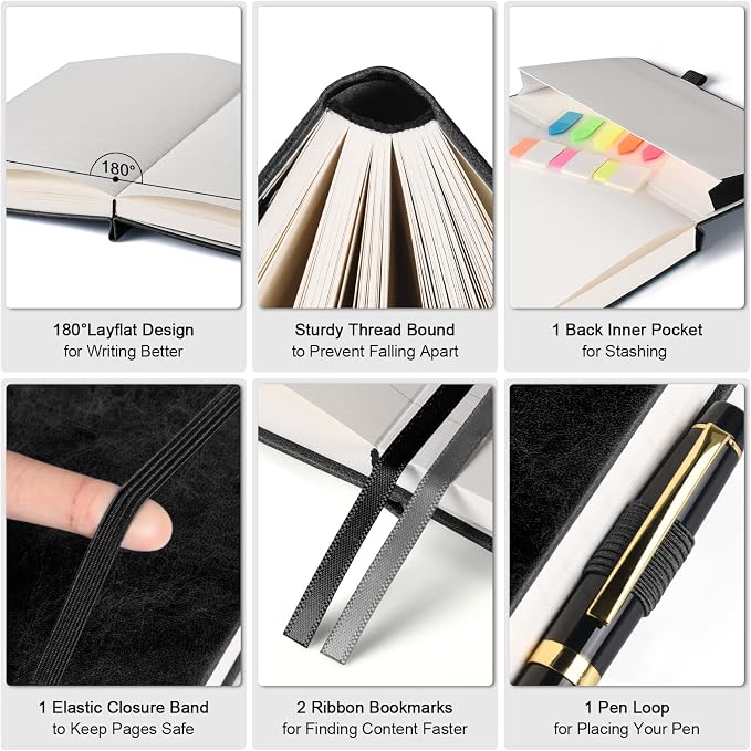 5 Pack College Ruled Notebook Bulk, A5, 312 Numbered Page Thick Journal Set | Cost-Effective 5 Pack 1600 Pages Total, 100gsm No Bleed Paper, Leather Hardcover, Lay-Flat, for Writing, Work, Employee Gifts