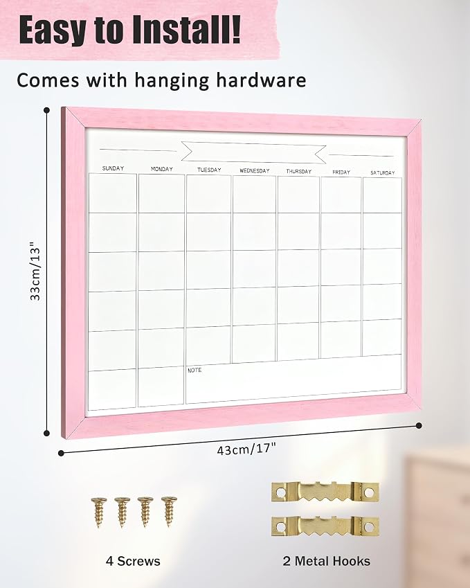 TORASO Dry Erase Monthly Calendar Board, Magnetic Whiteboard for Wall, Office/School/Home, Solid Wood Pink Frame Hanging Board 13"x 17"(YL-Pink-3343-B)