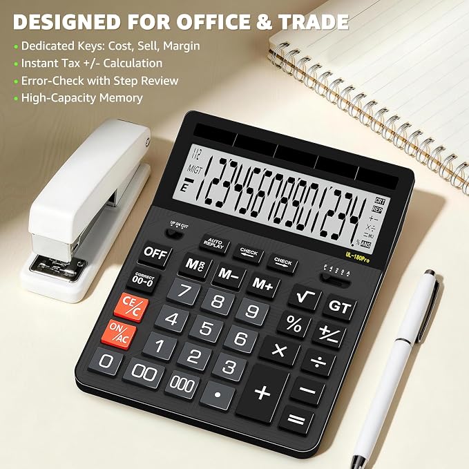 Calculators Desktop, 2026 Upgrade 14 Digit Large Size Calculator with 5-Inch LCD Display and Solar Power, Office Calculator for Desk (Black)