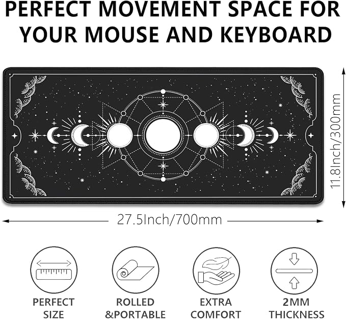 Moon Phases Celestial Witchy Tarot Astrology Witch Aesthetic Extended Desk Pad Mouse Pad,Stitched Edges Non-Slip Rubber Base XL Mouse Mat Desk Mat for Office Home Work Mousepad(27.5X11.8 Inch)