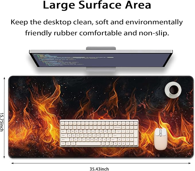 35.4 x 15.7 in, XXL Large Mouse Pad for Desk, Extended Keyboard Mouse Mat for Computer Office, Big Mousepad with Stitched Edges, Gaming Pc-Flame on Black