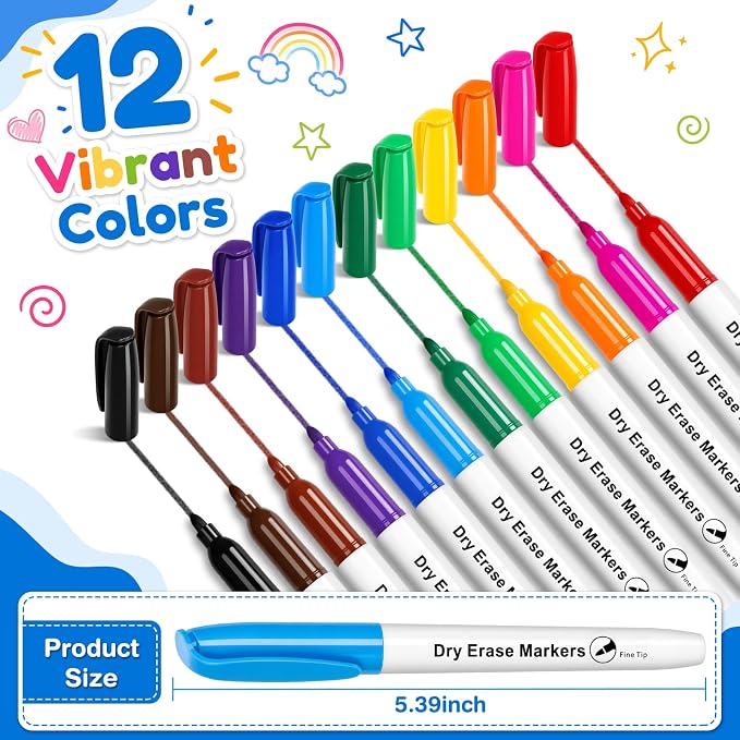 V-Opitos 72 Pack Fine Tip Dry Erase Markers in 12 Colors | Bulk Whiteboard Markers, Non-Toxic, Easy Clean, Erasable, School Classroom, Office Supplies