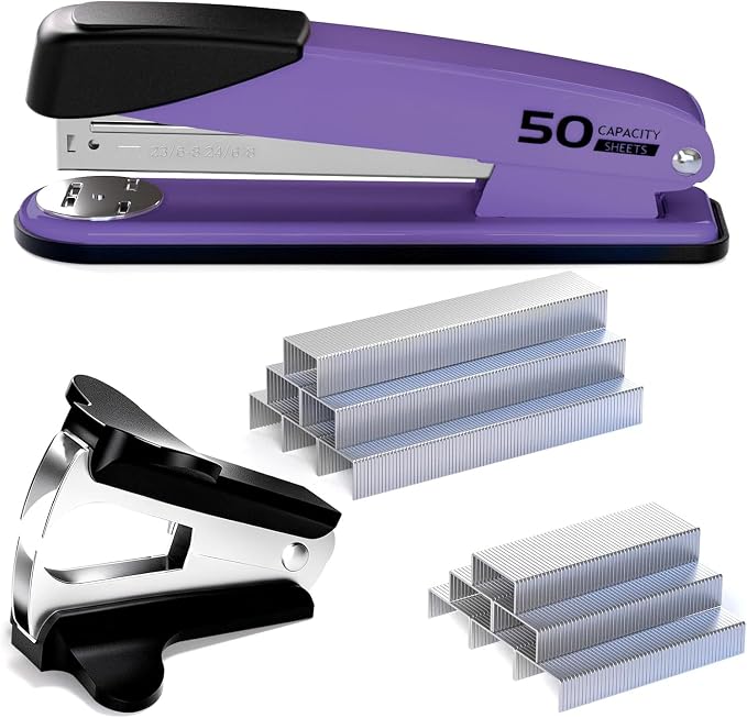 Metal Stapler Heavy Duty for Desk - 50 Sheet Capacity with 2000 Pieces 1/4", 5/16" Staples and Staple Remover, No Jam, Non-Slip, Stapler Heavy Duty for Classroom and Office, Purple