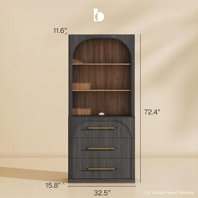 BELLEZE Display Storage Cabinet with Hutch, 72" Tall Wood Modern Bookshelf with 3 Drawers, Cabinet for Office, Study, Kitchen, Dining Living Room, Ebony