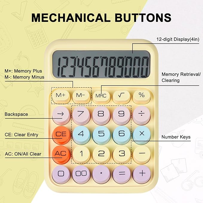 Mechanical Switch Calculator with Big Buttons, Calculators Desktop, 12 Digits, Large LCD Display, Desk Calculator, Cute Pink Calculators for Teachers Students Basic Office (Yellow)