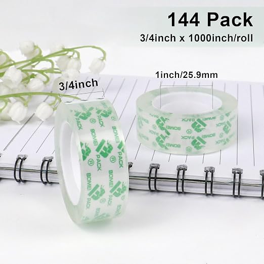 BOMEI PACK 144Rolls Crystal Clear Tape Refills for Dispenser, Bulk Transparent Tape Clear for Home, School and Office, 3/4Inch x 1000 inch