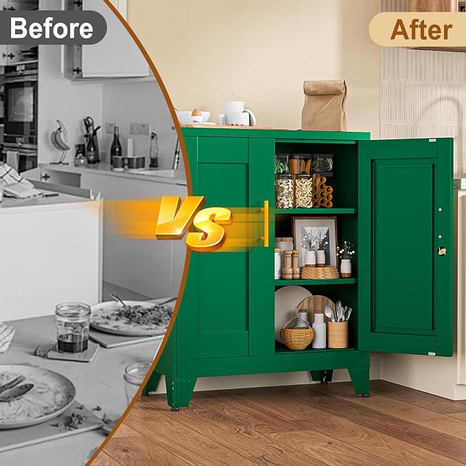 36" Metal File Storage Cabinet with Lock,Steel Locker Organizer, Office File Cabinet with 2 Doors and 2 Adjustable Shelves,Outdoor Tool Garage Cabinets for Home Office,Gym,School,Warehouse(Green)