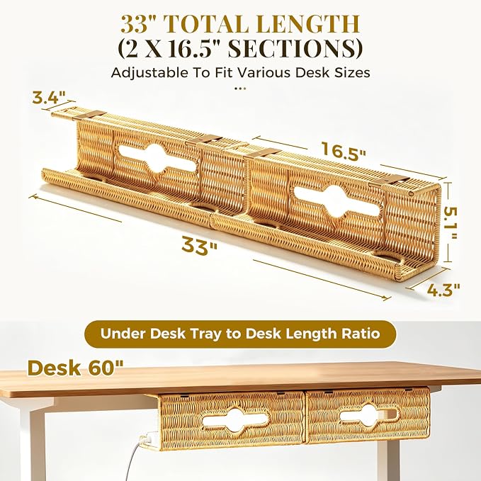 Handmade Rattan Under Desk Cable Management Tray 2 Pack, Natural | Easy Install with Adhesive or Screws, 33"Cord Organizer with 5M Cable Ties for Office Home, Effortless Wire Management