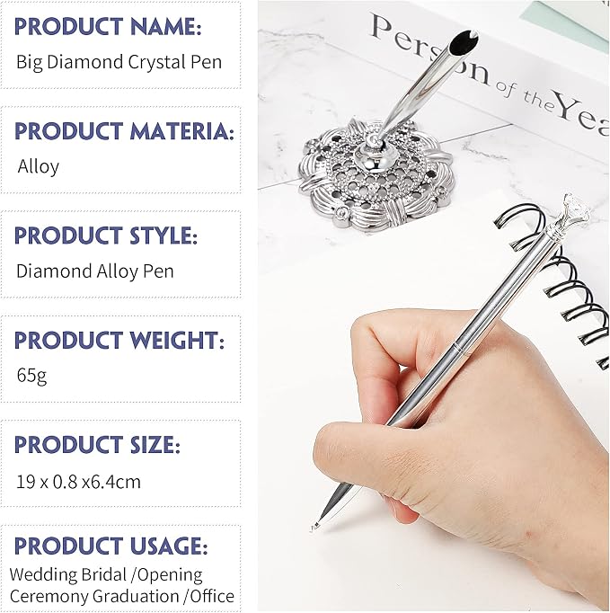 Outus 2 Pcs Silver Wedding Pens for Guest Book Signing Diamond Design | Hollow Round Holder Stand, Desk Ballpoint Pens, For Bridal Showers Wedding Bachelorette Party Engagement Reception Business