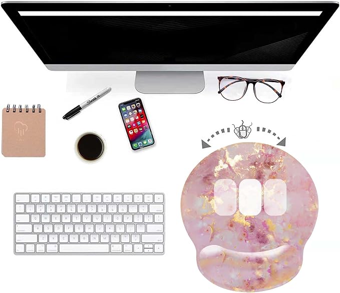 Pink Ergonomic Mouse Pad with Wrist Rest, Gaming Mouse Pad with Wrist Support,Gold Marble Mouse Pads for Desk for Women, Computer Mousepad with Non-Slip Rubber Base, Cute Office Desk Accessories