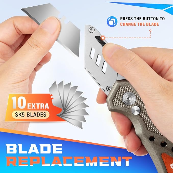 DIYSELF Folding Utility Knife with 10 Extra SK5 Blades, Quick-Change Blade & Button Lock, Box Cutter Razor Knife with Stainless Steel Head, Gifts for Men, Heavy Duty Box Knife for Cardboard Carpet PVC