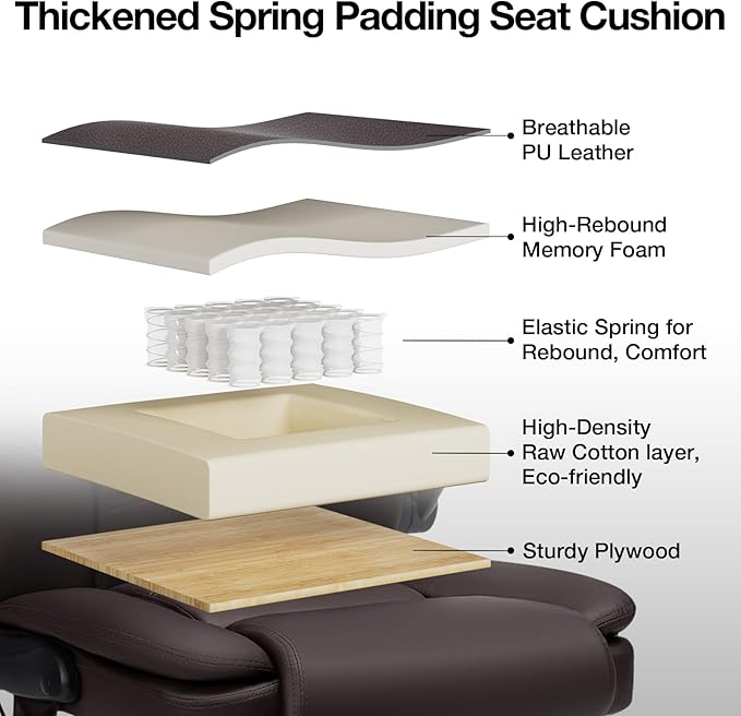 450lbs Executive Office Chair with Inflatable Lumbar Support, Heavy Duty Office Chair for Heavy People, Big and Tall Ergonomic Comfy Chair with Flip-Up Armrests, Breathable PU Leather (Brown)