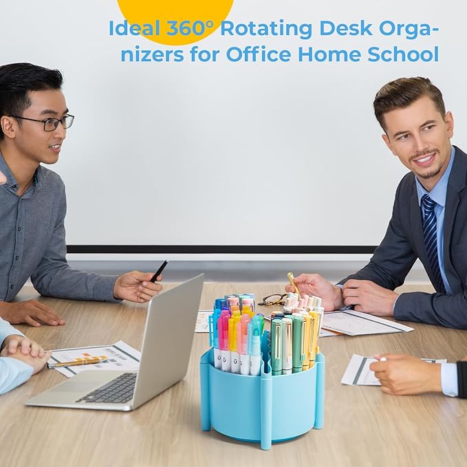 M&G 360 Degree Rotating Desk Organizer, 4 Slot Pencil Holder with Stickers, Multi-Purpose Cute Pen Pencil Cup for Make Up Brush Office School Home (Blue)