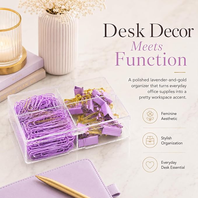 Paper Clips and Binder Clips Set, Purple & Gold, Assorted Size Clips