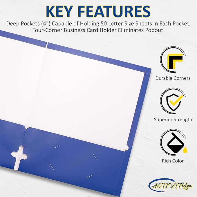 10 Pack Two Pocket Folders, Blue, Strong Thick Paper Folders, for Letter Size, by ACTIVITYya