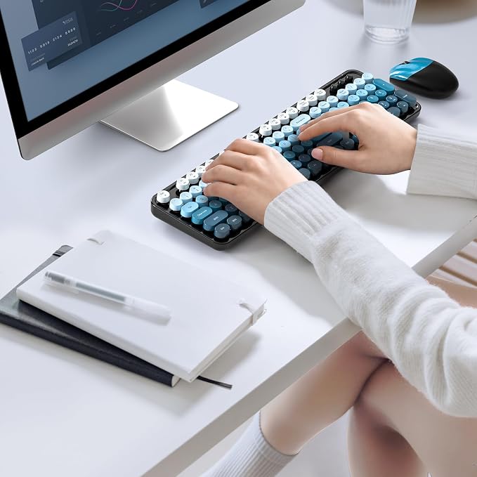 MOFII Wireless Keyboard and Mouse Combo, Retro Full Size Typewriter Keyboard with Number Pad and Sport Car Mouse for PC Computer Desktop Laptop Windows (Black Blue)