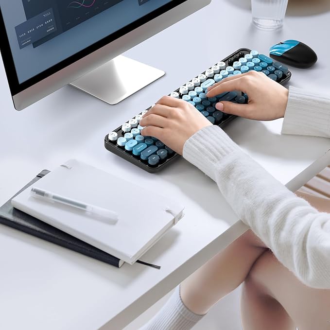 MOFII Wireless Keyboard and Mouse Combo, 2.4GHz Retro Typewriter Keyboard Full Size, Cute Wireless Mice, USB Dongle Plug and Play, for Laptop, PC, Desktop, Windows (Black Blue Gradient Color)