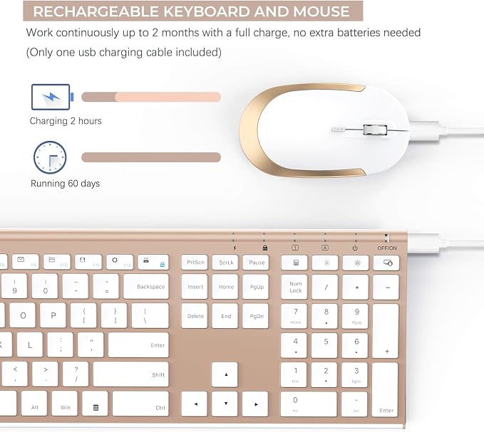 Vssoplor Wireless Keyboard and Mouse, Rechargeable Ultra Slim, White Gold | Quiet Full-Size Keyboard and Mouse Combo Set, for Laptop, PC, Notebook, Desktop, 2.4GHz Stable Connection, Ideal for Office
