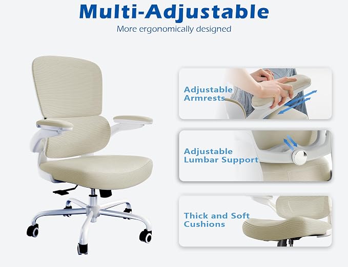 TRALT Ergonomic Office Chair Desk Chair with Adjustable Lumbar Support | Desk Chair Comfy with Flip-up Armrests Ergonomic Chair - Mesh Computer Chairs for Adults, 330lbs, PU Leather (Beige, 1)