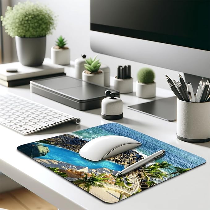 Luxury Cliffside Resort Pool with Palm Trees Mouse Pad, Tropical Desk Mat | Coastal Vacation Paradise Design, Cute Mousepad Stitched, Anti-Slip Base Smooth Surface, 9.5 x 7.9 Inches