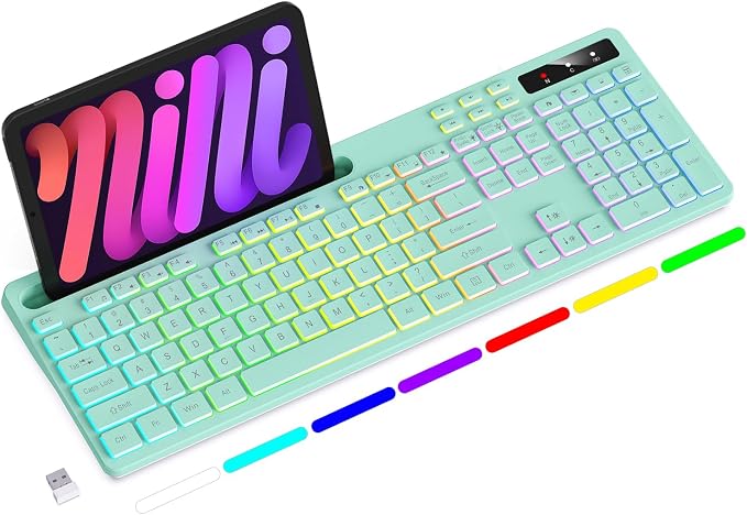 Wireless Keyboard with 7-Color RGB Backlit, Soueto Full-Size Computer Keyboard with Phone Tablet Holder, 2.4G Rechargeable Gaming Keyboard with Light Up Keys, Compatible with Mac, Windows (Mint Green)