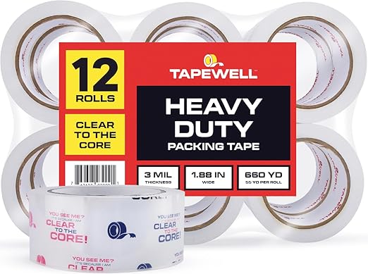 Heavy Duty Clear Packing Tape Refills for Dispenser, 1.88 in x 54.6 Yd, Shipping Tape with 3'' Core, Pack of 12
