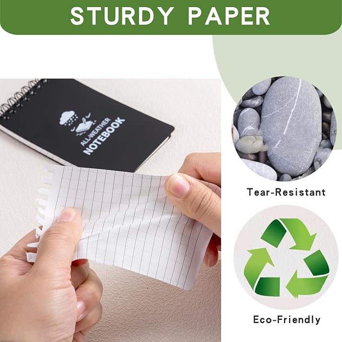 Waterproof Notebook, 4 Pack Pocket Notepad, 3" x 5 Top-Spiral NotePad Black | Weatherproof All Weather Police Pocket Notebook Mini Memo Steno Note Pads for Outdoor Office School Recording