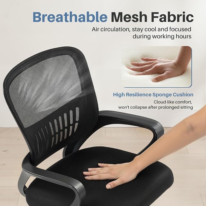 DUMOS Home Office Chair, Computer Desk Chair, Lumbar Support | Ergonomic Mid Back Mesh, Height Adjustable Fixed Armrest, Rocking Mode 360 Swivel, Computer Conference, Black