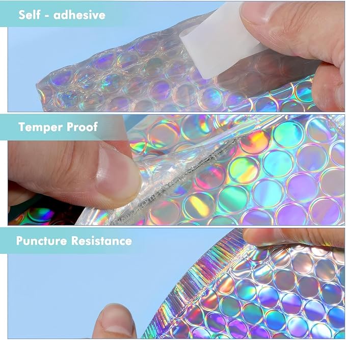 50 Pieces Bubble Mailers 3 Sizes Self Seal Adhesive Poly Mailers Metallic Foil Glitter Padded Shipping Bubble Envelopes for Valentine Mailing Packing Small Business (Rainbow Color)