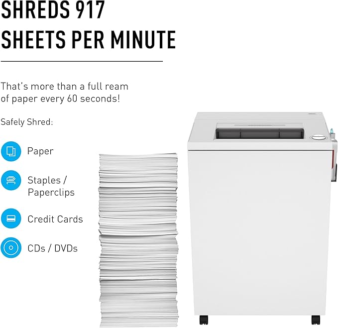 Ideal. 4003 Cross-Cut Commercial Office Paper Shredder Heavy Duty with Automatic Oiler, 34 to 36 Sheet Feed Capacity, 44-Gallon Bin, P-4 Security | Continuous operation, 44-gallon bin, P-4 security, automatic oiler, made in Germany, 16" feed opening
