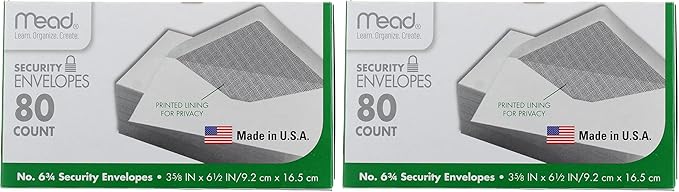 Mead #6-3/4 Envelopes, Security Printed Lining for Privacy, Gummed Closure, 3-5/8" x 6-1/2", All-Purpose 20-lb Paper, White, 80 per Box (75212) (Pack of 2)
