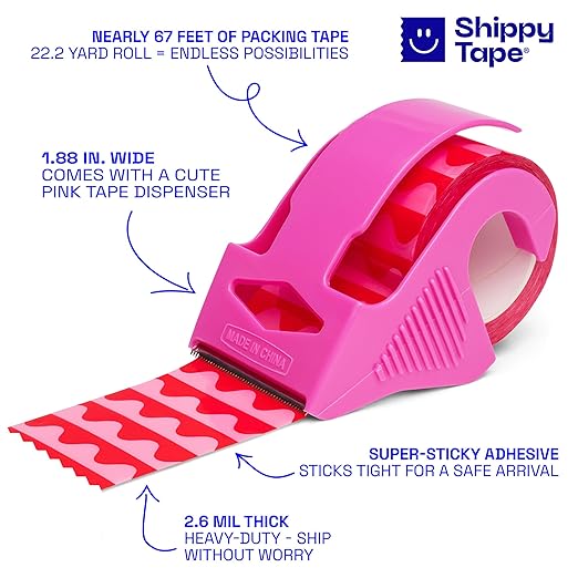 Decorative Packing Tape with Pink Dispenser – Pink & Red Wavy Pattern, 1.88" x 22.2 Yards – Cute Printed Shipping Tape for Gifts, Small Business Essentials, and Mailers