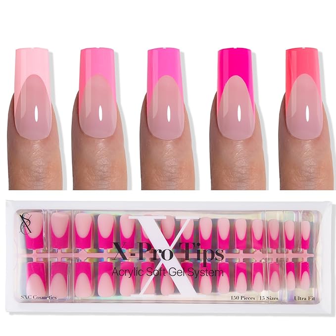 SXC Cosmetics French Tip Press On Nails 150 Pieces in 15 Sizes Ultra Fit with Pre-applied Tip Primer and Base Coat, No Need to File Fake Nails for Nail Art DIY X-Pro Tips (5PINK117-M Square)