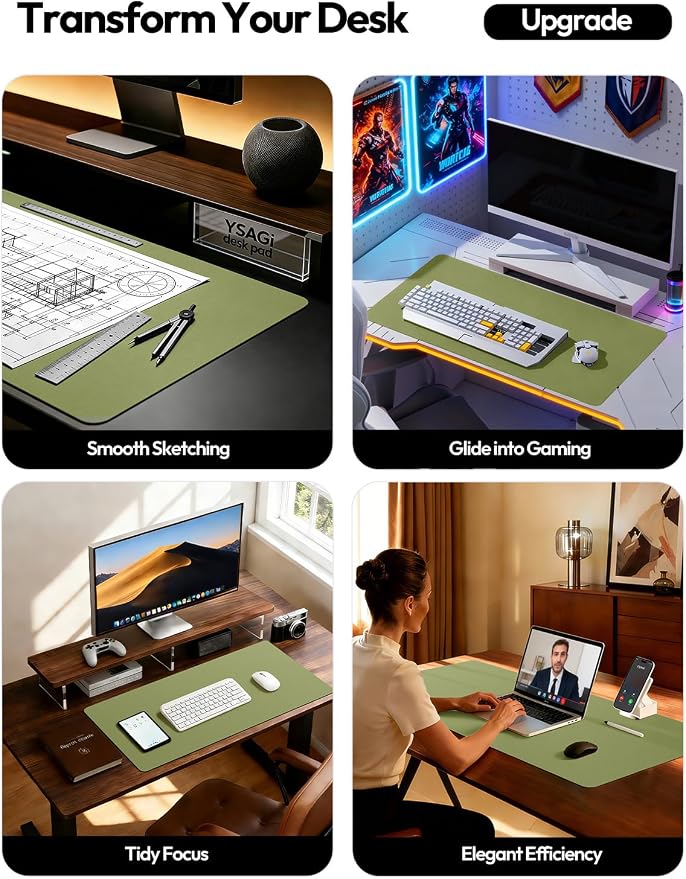 YSAGi Leather Desk Protector, Office Mat, Large Mouse Mat, Non-Slip PU Leather Blotter, Laptop Desk Mat, Waterproof Writing Pad for Office and Home(Green, 63" x 24")